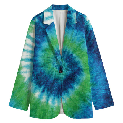 Blue Green And White Tie Dye Print Women's Cotton Blazer