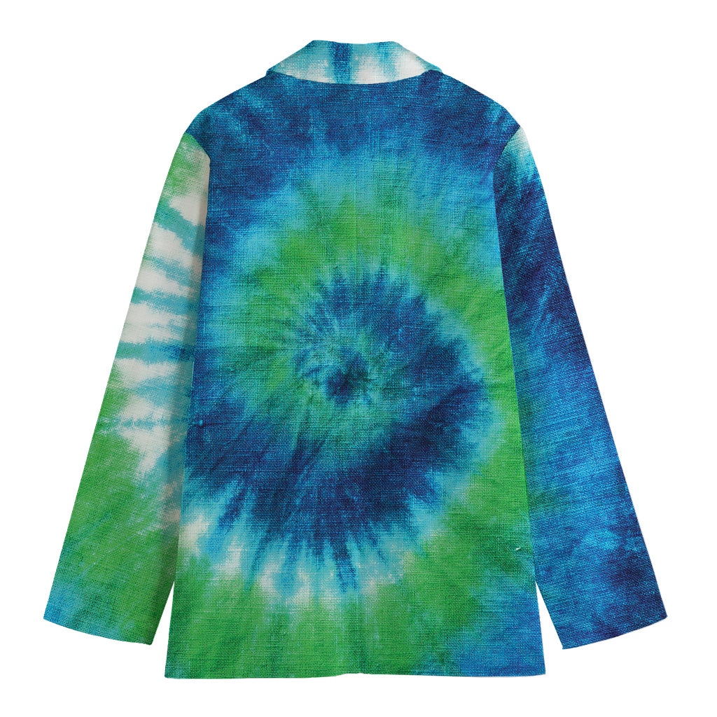 Blue Green And White Tie Dye Print Women's Cotton Blazer