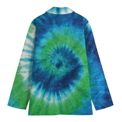 Blue Green And White Tie Dye Print Women's Cotton Blazer
