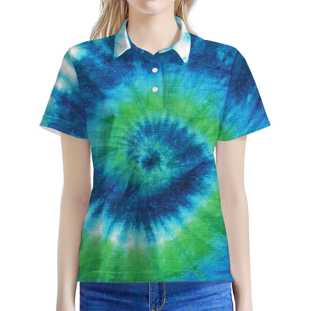 Blue Green And White Tie Dye Print Women's Polo Shirt