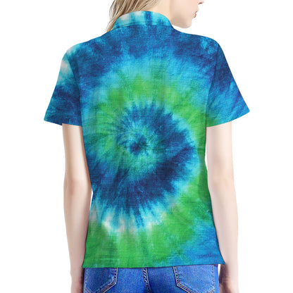 Blue Green And White Tie Dye Print Women's Polo Shirt