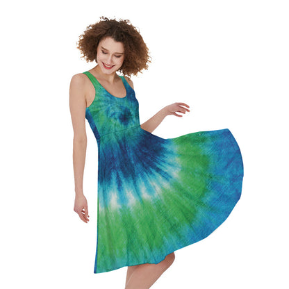 Blue Green And White Tie Dye Print Women's Sleeveless Dress