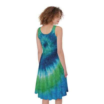 Blue Green And White Tie Dye Print Women's Sleeveless Dress