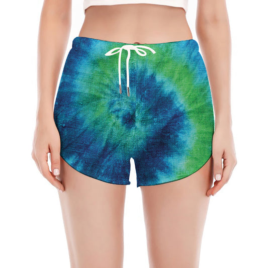 Blue Green And White Tie Dye Print Women's Split Running Shorts