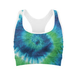Blue Green And White Tie Dye Print Women's Sports Bra