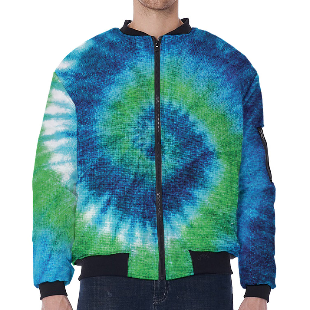 Blue Green And White Tie Dye Print Zip Sleeve Bomber Jacket