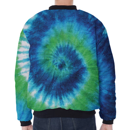 Blue Green And White Tie Dye Print Zip Sleeve Bomber Jacket