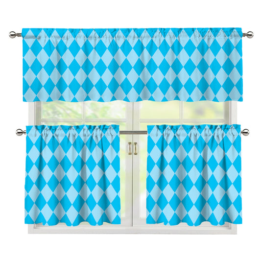 Blue Harlequin Pattern Print 3 Piece Kitchen Curtains