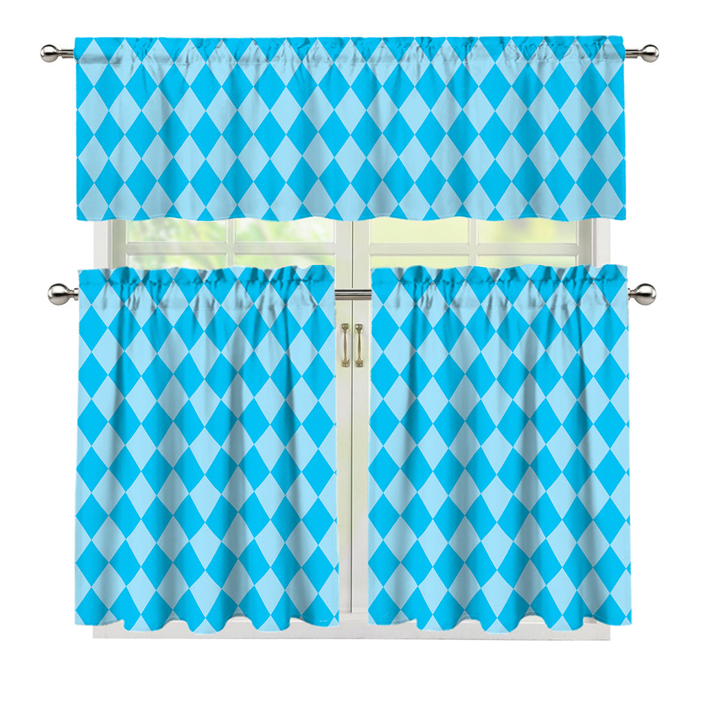Blue Harlequin Pattern Print 3 Piece Kitchen Curtains