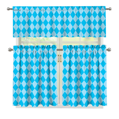 Blue Harlequin Pattern Print 3 Piece Kitchen Curtains