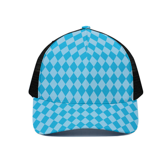 Blue Harlequin Pattern Print Black Mesh Trucker Cap
