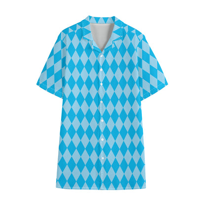 Blue Harlequin Pattern Print Cotton Hawaiian Shirt