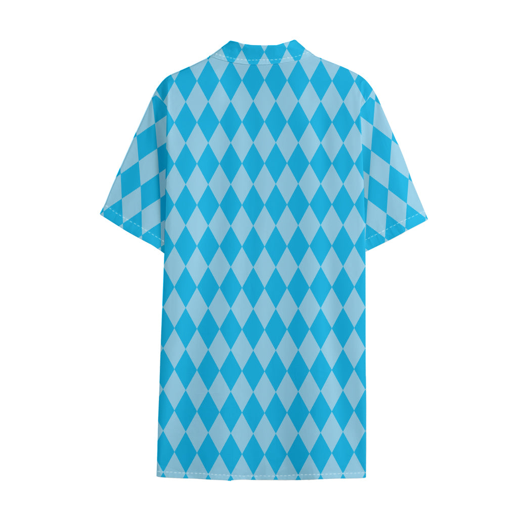 Blue Harlequin Pattern Print Cotton Hawaiian Shirt