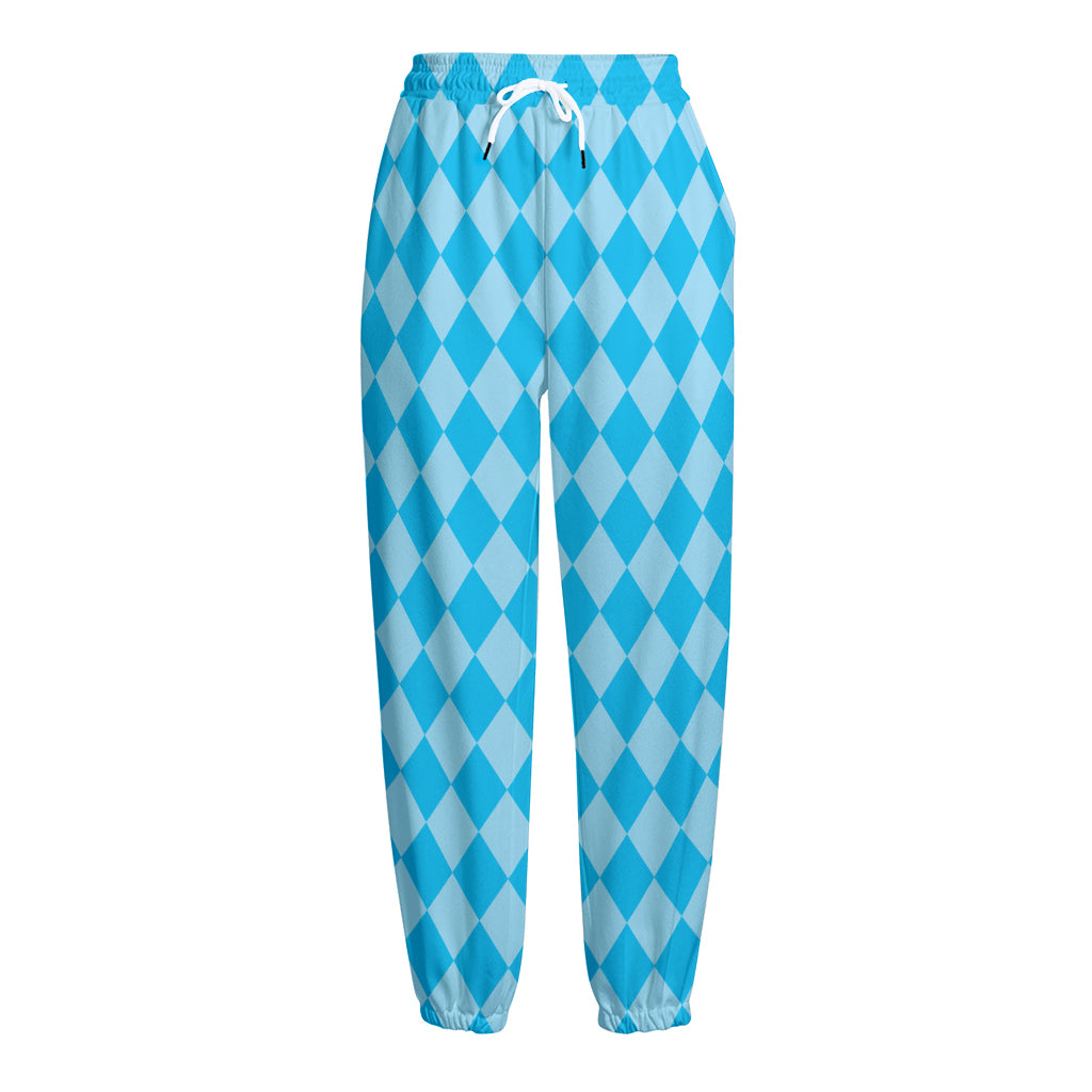 Blue Harlequin Pattern Print Fleece Lined Knit Pants