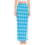 Blue Harlequin Pattern Print High Slit Maxi Skirt