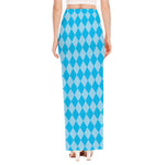 Blue Harlequin Pattern Print High Slit Maxi Skirt