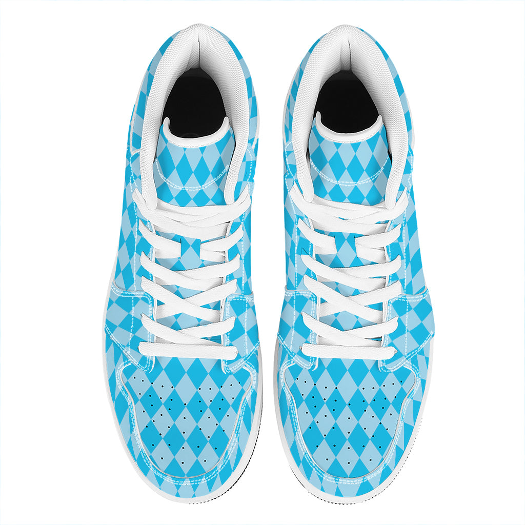Blue Harlequin Pattern Print High Top Leather Sneakers