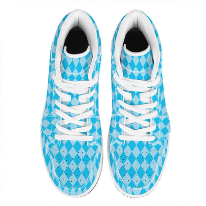 Blue Harlequin Pattern Print High Top Leather Sneakers