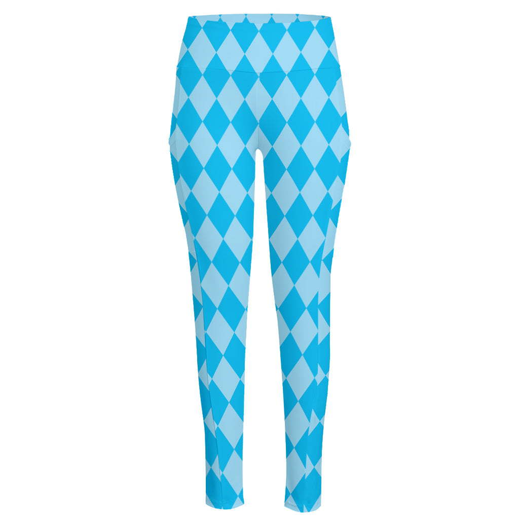 Blue Harlequin Pattern Print High-Waisted Pocket Leggings