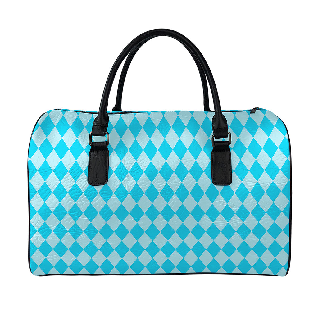 Blue Harlequin Pattern Print Leather Duffle Bag