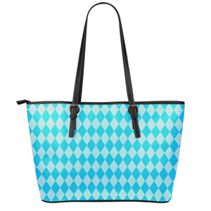 Blue Harlequin Pattern Print Leather Tote Bag