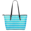 Blue Harlequin Pattern Print Leather Tote Bag