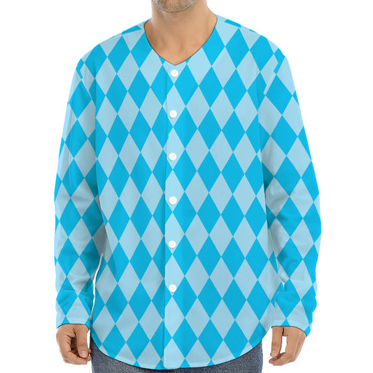 Blue Harlequin Pattern Print Long Sleeve Baseball Jersey