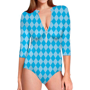 Blue Harlequin Pattern Print Long Sleeve Swimsuit