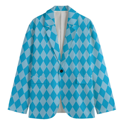 Blue Harlequin Pattern Print Men's Cotton Blazer