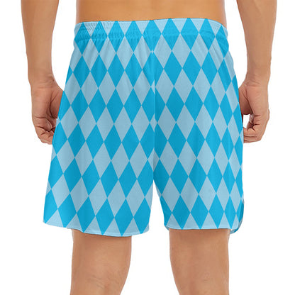Blue Harlequin Pattern Print Men's Split Running Shorts