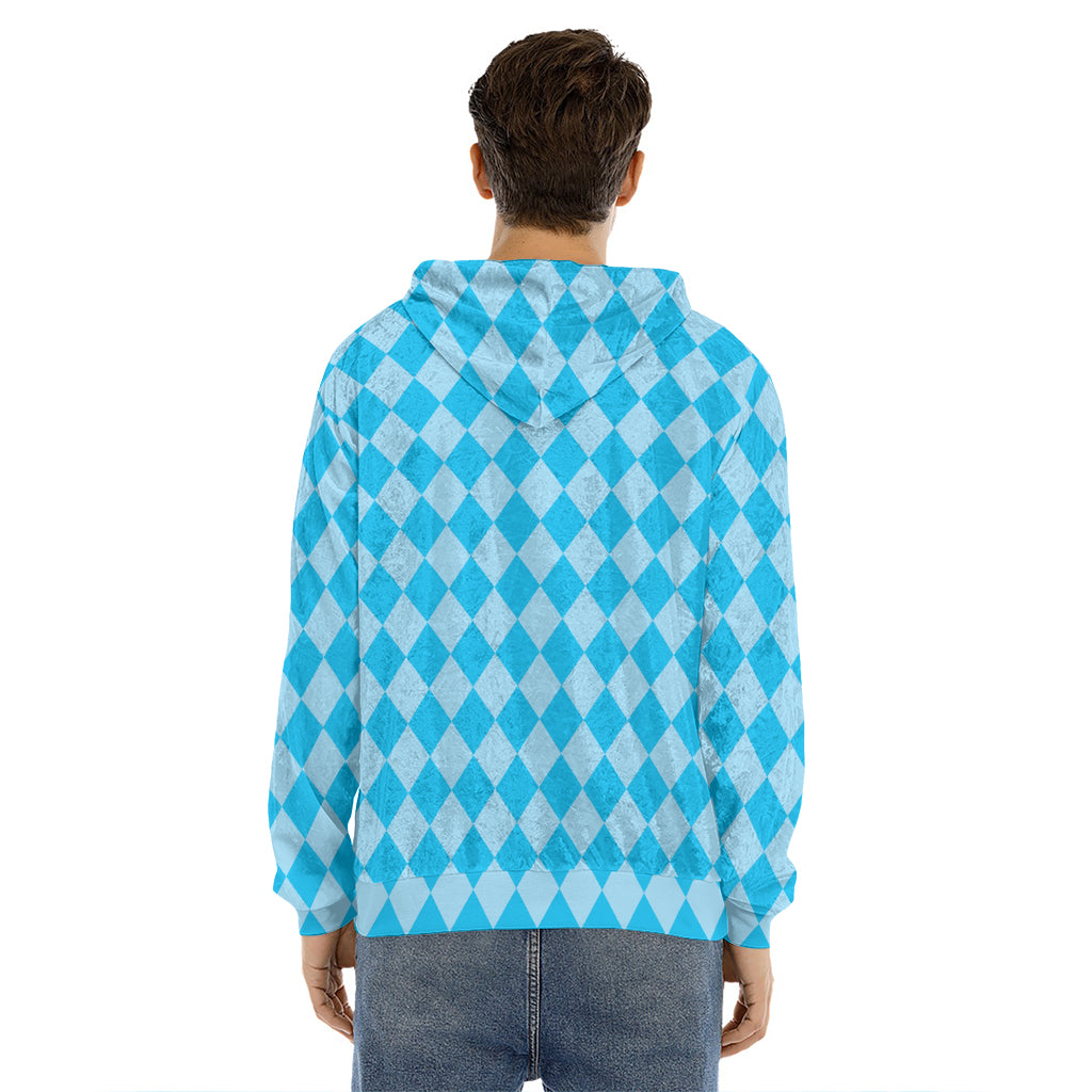 Blue Harlequin Pattern Print Men's Velvet Pullover Hoodie