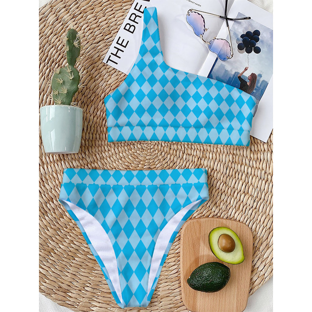 Blue Harlequin Pattern Print One Shoulder Bikini Top