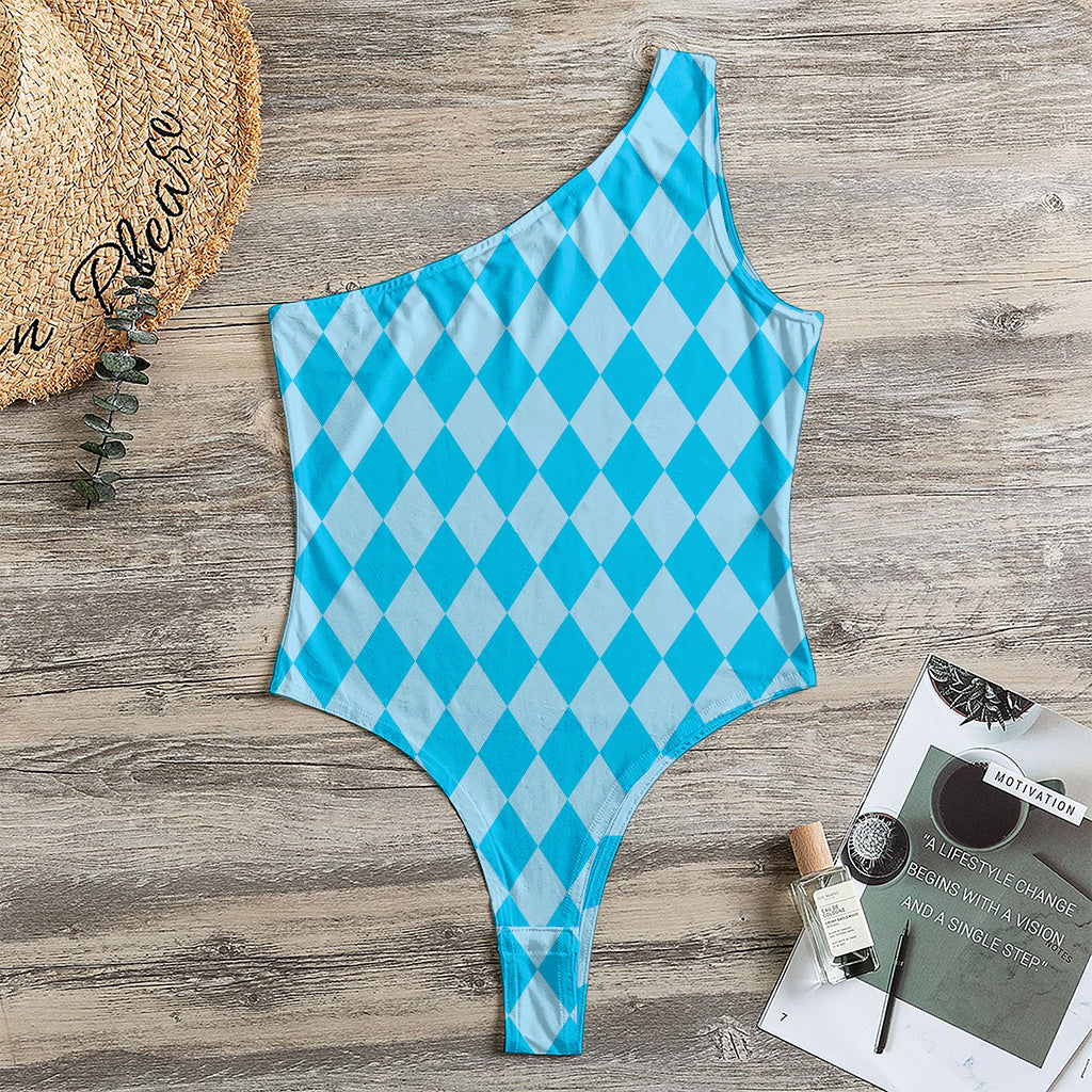 Blue Harlequin Pattern Print One Shoulder Bodysuit
