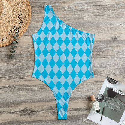 Blue Harlequin Pattern Print One Shoulder Bodysuit