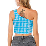 Blue Harlequin Pattern Print One Shoulder Crop Top