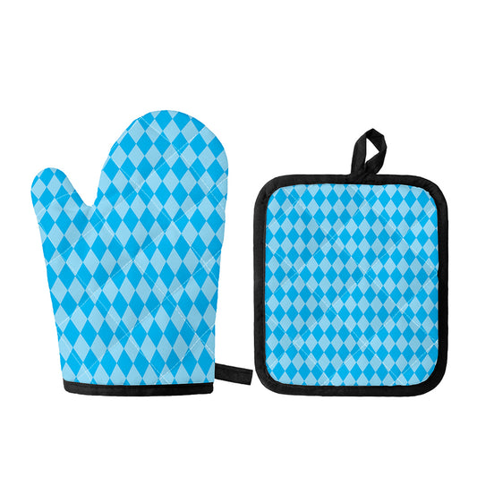 Blue Harlequin Pattern Print Oven Mitt And Pot Holder Set