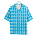 Blue Harlequin Pattern Print Rayon Hawaiian Shirt
