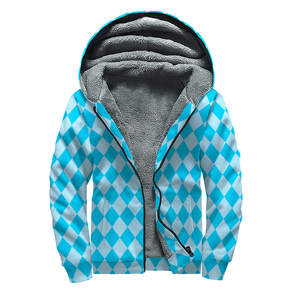 Blue Harlequin Pattern Print Sherpa Lined Zip Up Hoodie