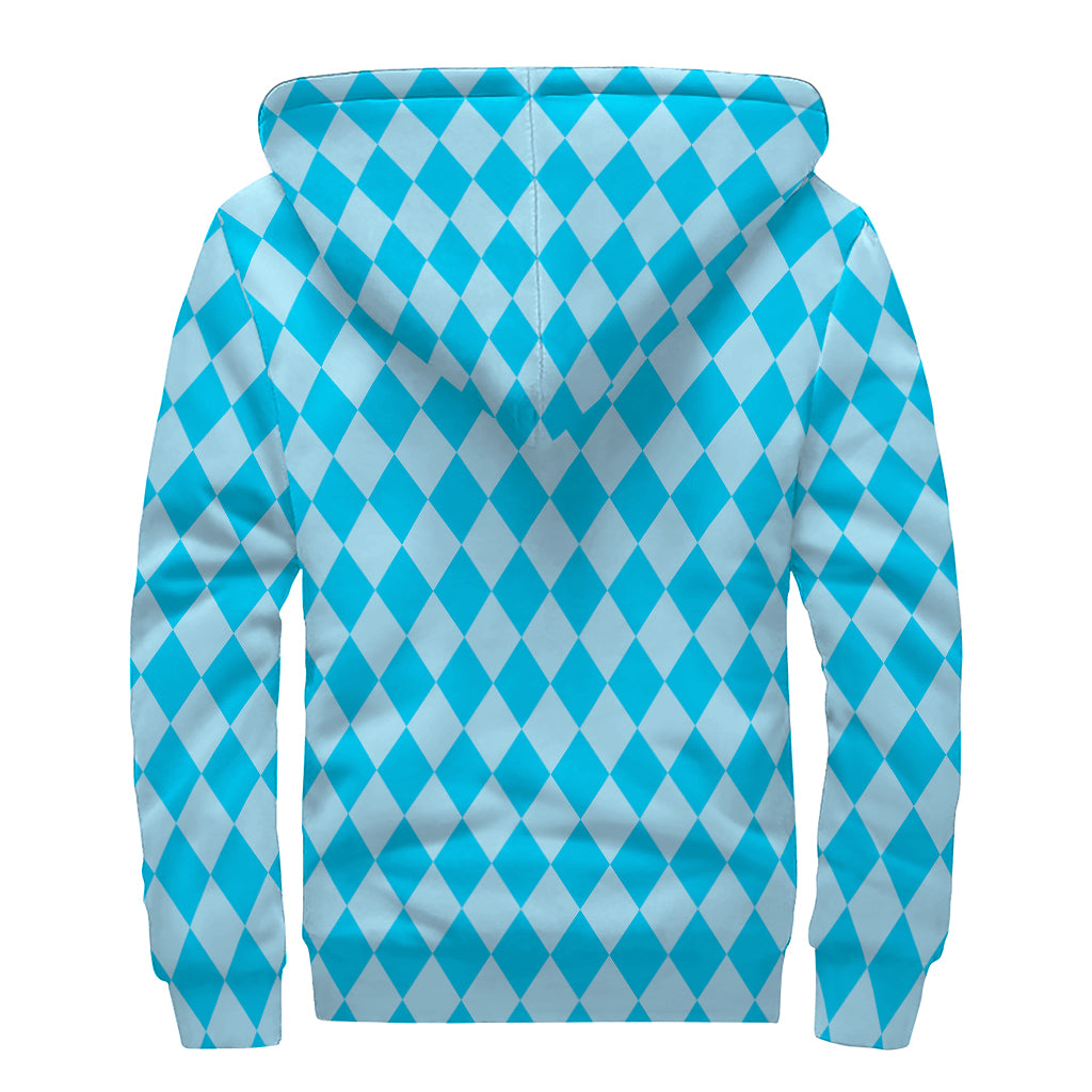 Blue Harlequin Pattern Print Sherpa Lined Zip Up Hoodie