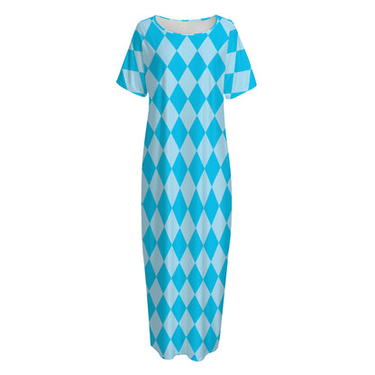 Blue Harlequin Pattern Print Short Sleeve Long Nightdress
