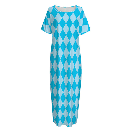 Blue Harlequin Pattern Print Short Sleeve Long Nightdress