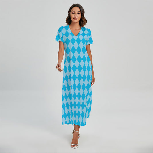 Blue Harlequin Pattern Print Short Sleeve Maxi Dress