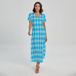 Blue Harlequin Pattern Print Short Sleeve Maxi Dress