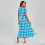 Blue Harlequin Pattern Print Short Sleeve Maxi Dress