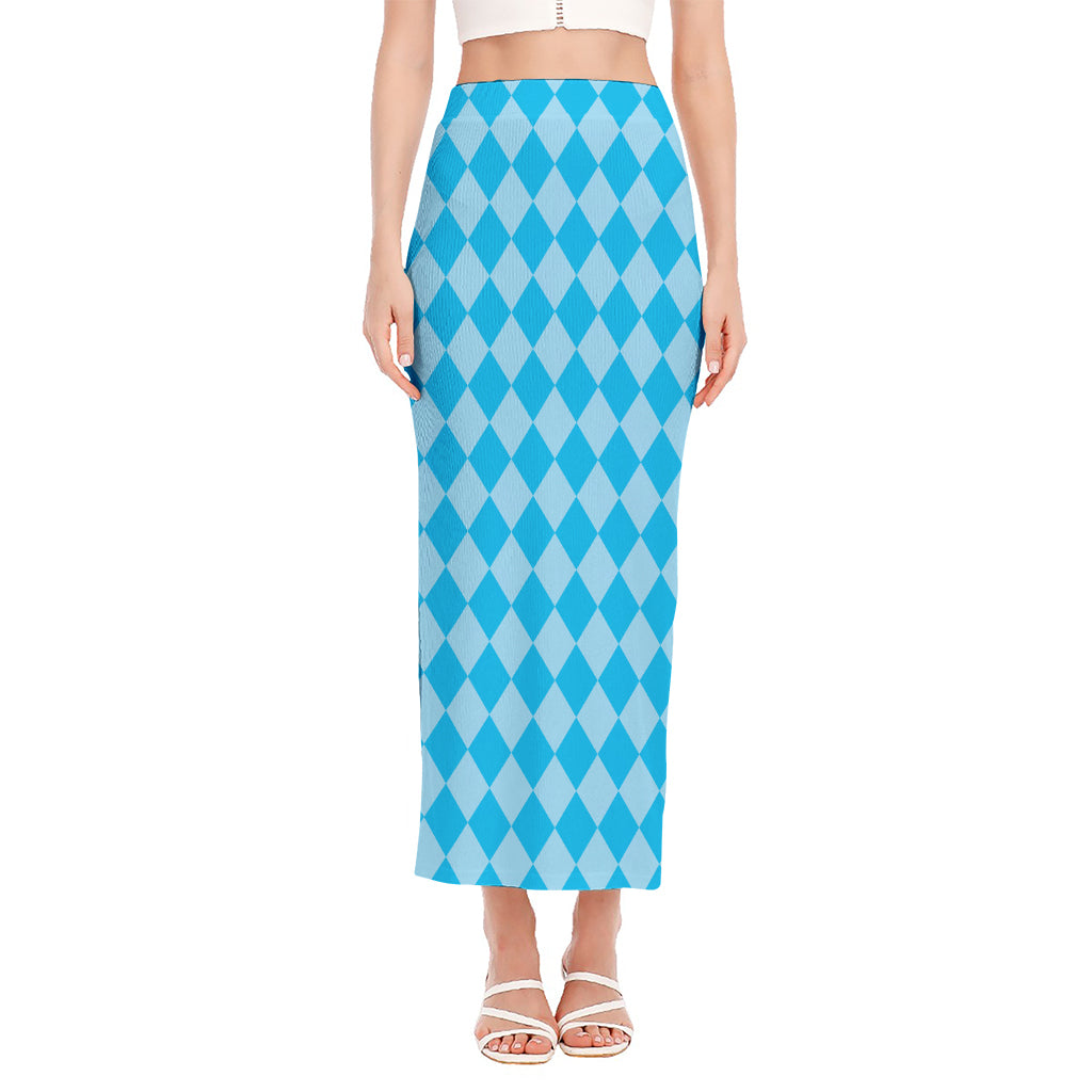 Blue Harlequin Pattern Print Side Slit Maxi Skirt