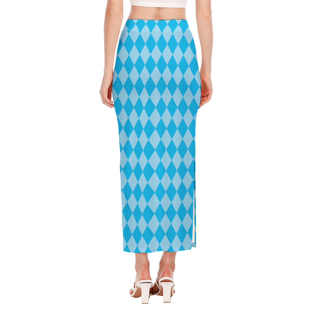 Blue Harlequin Pattern Print Side Slit Maxi Skirt