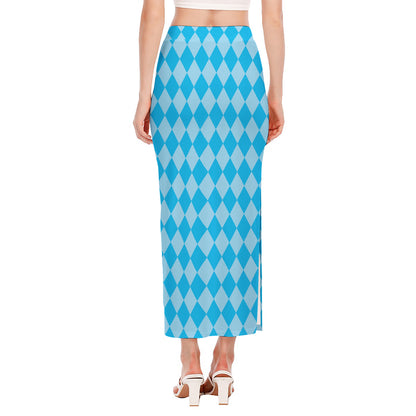 Blue Harlequin Pattern Print Side Slit Maxi Skirt