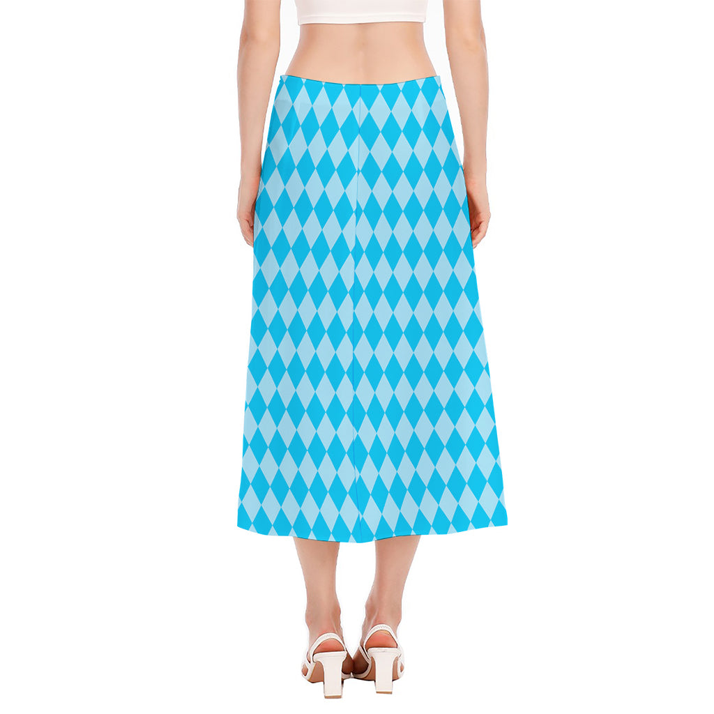 Blue Harlequin Pattern Print Side Slit Midi Skirt