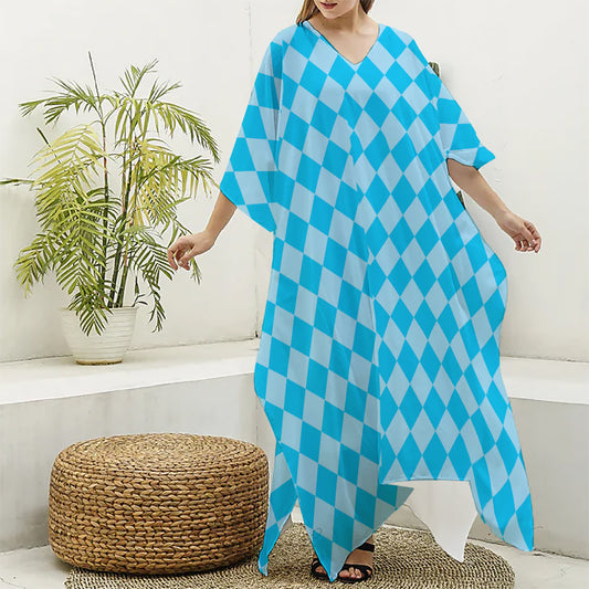 Blue Harlequin Pattern Print Silk V-Neck Kaftan Dress