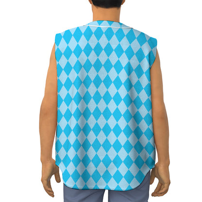 Blue Harlequin Pattern Print Sleeveless Baseball Jersey